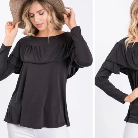 Hailey & Co. Reba Long Sleeve Ruffle Basic Blouse Bohemian Top Black New Medium - Picture 6 of 13